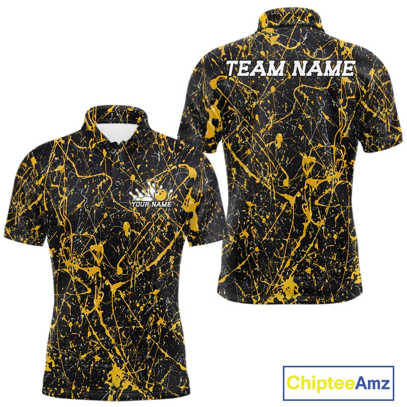 Custom black and yellow paint splatter polo shirt mockup shown from front and back, featuring personalized “Your Name†text on the chest, large “TEAM NAME†lettering across the back