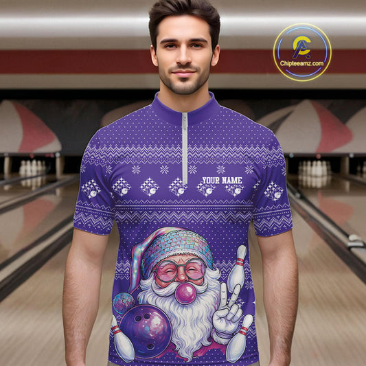 Custom Funny Santa Christmas Men Bowling Quarter-Zip Shirts, Purple Xmas Bowling Team Outfit IPHW10141