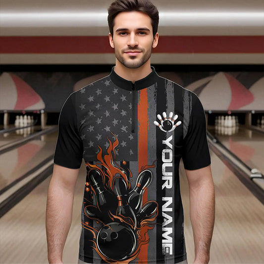 Brown Line American Flag Custom Patriotic Flame Bowling Quarter-Zip Shirts For Men, US Bowling Shirt IPHW8638