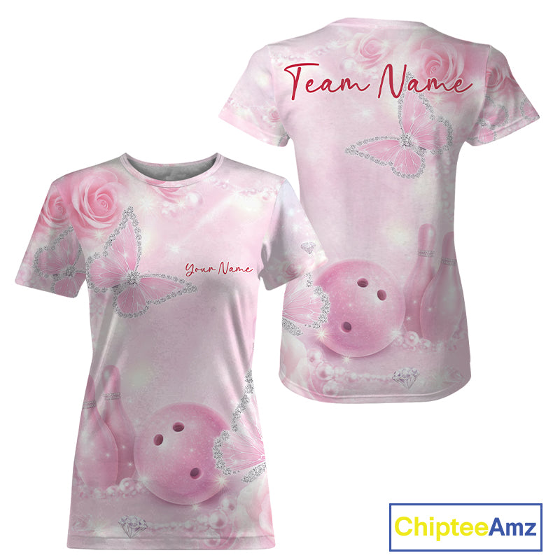 Women’s crewneck bowling shirt mockup shown front and back, featuring pink glitter butterflies, roses, bowling pins, and a bowling ball illustration.