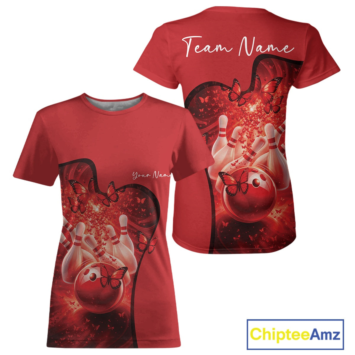 Red t-shirt with butterfly bowling design and 'Team Name' text on a white background