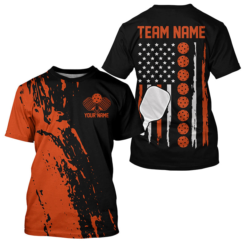 Orange Thin Line American Pickleball Flag Custom US Pickleball T-Shirts For Men, Patriotic Pickleball Shirt IPHW7769
