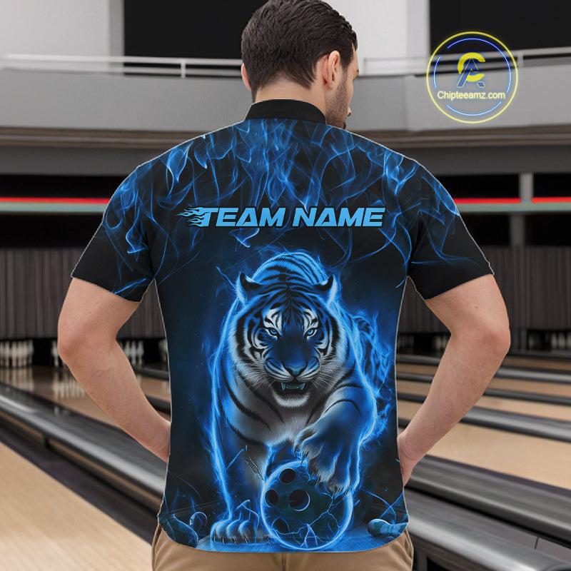 Custom Black And Blue Flame Tiger Bowling Team Quarter-Zip Shirts For Men, Fire Bowling Jerseys IPHW8263