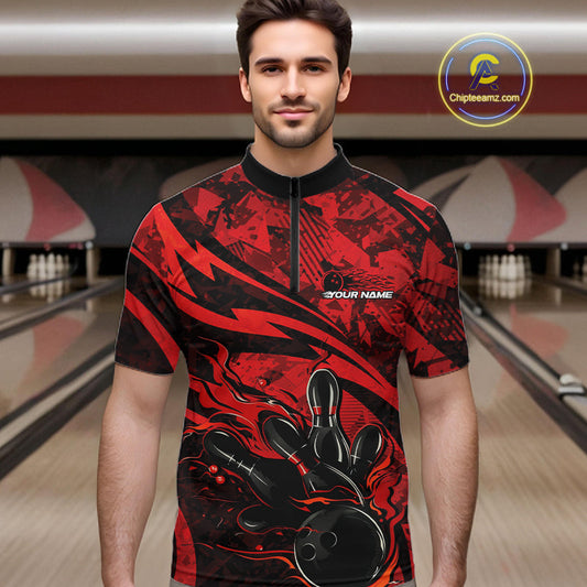 Custom Red Camo Flame Bowling Men Quarter-Zip Shirts, Camouflage Bowling Team Jerseys IPHW10344