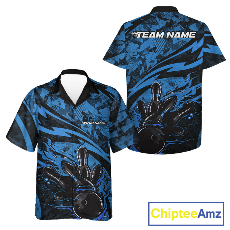 Custom Blue Camo Flame Bowling Men And Women Hawaiian Shirts, Camouflage Bowling Team Jerseys IPHW10345