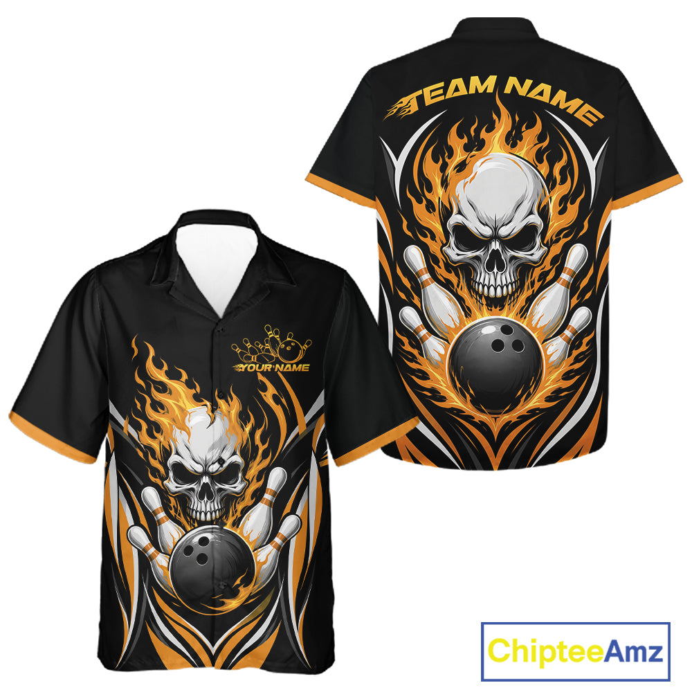 Custom Yellow Flame Skull Bowling Men And Women Hawaiian Shirt, Halloween Bowling Jersey IPHW11699