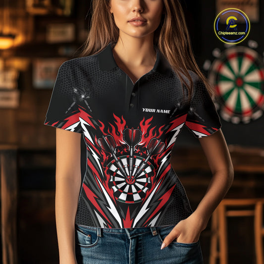 Custom Black And Red Flame Bullseye Darts Women Polo Shirt, Darts Team Jerseys IPHW11717