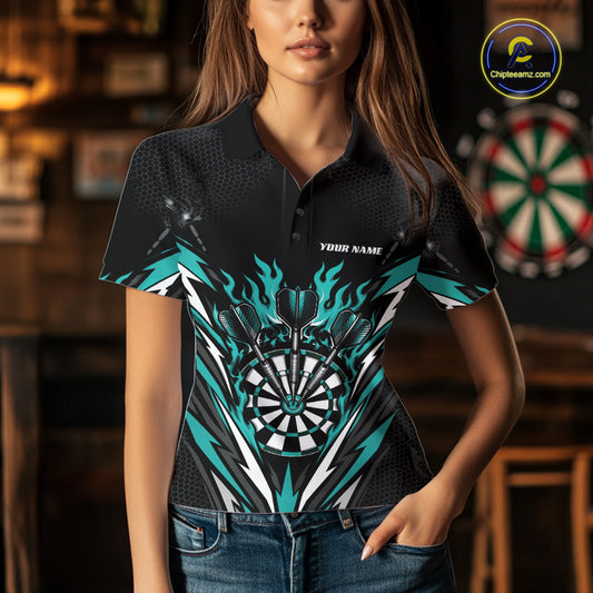 Custom Black And Turquoise Blue Flame Bullseye Darts Women Polo Shirt, Darts Team Jerseys IPHW11718
