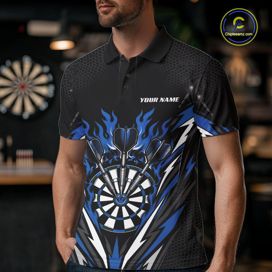 Custom Black And Blue Flame Bullseye Darts Men Polo Shirt, Darts Team Jerseys IPHW11719