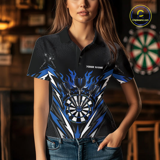Custom Black And Blue Flame Bullseye Darts Women Polo Shirt, Darts Team Jerseys IPHW11719