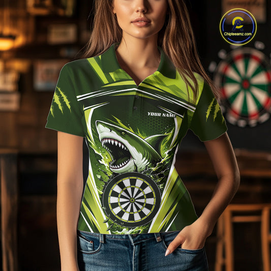 Custom Green Shark With Broken Dartboard Darts Team Polo Shirt For Women, Darts League Shirt IPHW11737