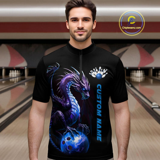 Personalized Blue Dragon Bowling Team Jerseys Men Quarter Zip Shirts Bowling League Shirts IPHW5353