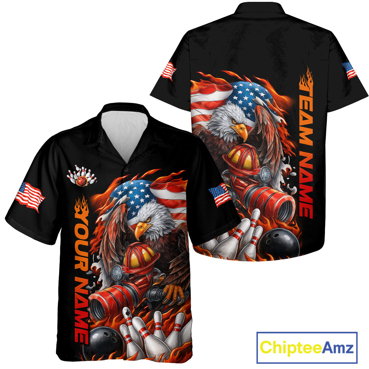 Custom Patriotic Flame Eagle Men And Women Bowling Team Shirt, Firefighter Bowling Shirt IPHW10202