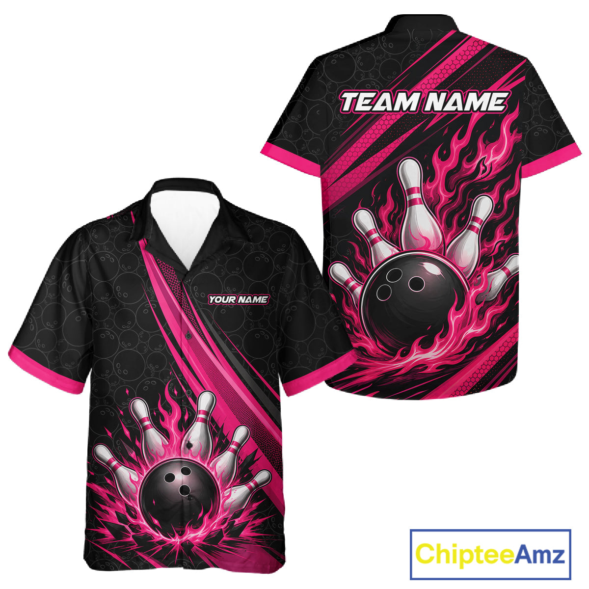 Custom Black And Pink Fire Flame Bowling Team Men And Women Hawaiian Shirt, Team Jerseys IPHW11681