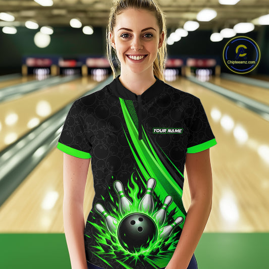 Custom Black And Green Fire Flame Bowling Team Women Quarter-Zip Shirt, Team Jerseys IPHW11684