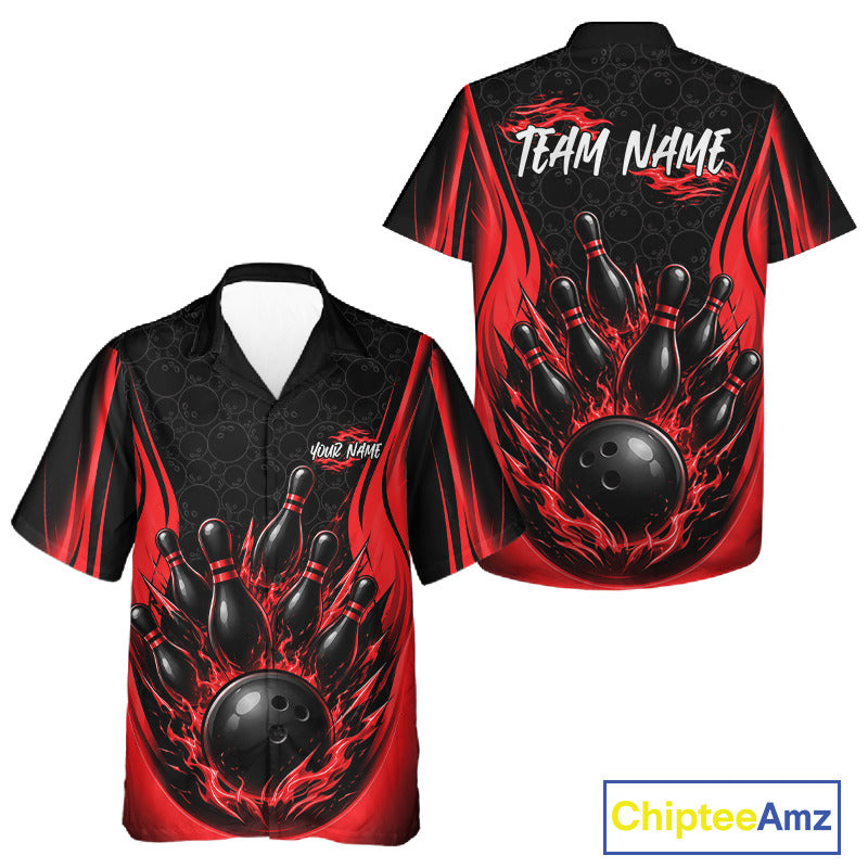 Custom Black And Red Fire Flame Bowling Jerseys, Bowling Men And Women Hawaiian Shirts IPHW11686