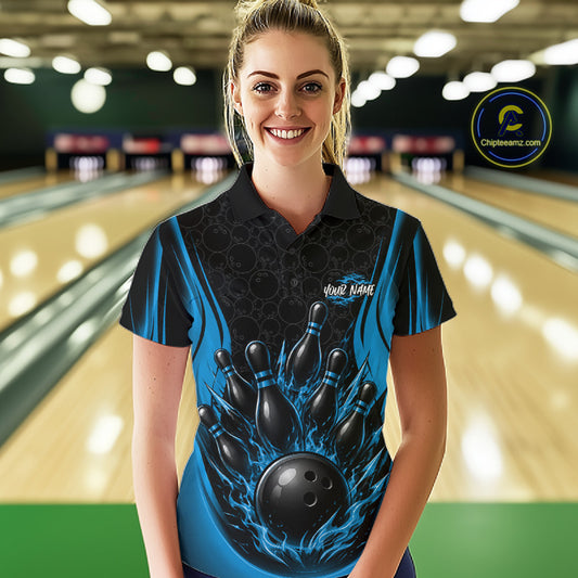Custom Black And Blue Fire Flame Bowling Jerseys, Bowling Women Polo Shirts IPHW11687