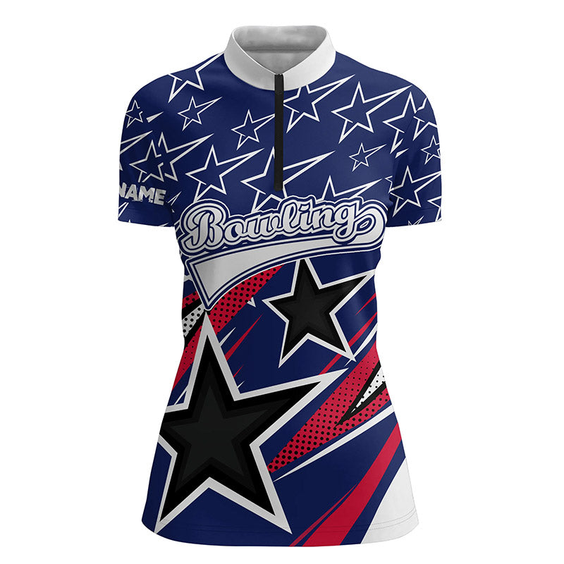 Custom Blue bowling shirt for women – personalized team jersey front view