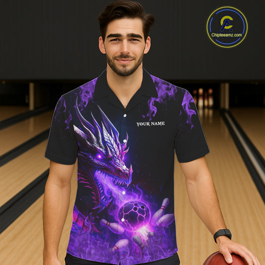 Black and Purple Flame Dragon Bowling Hawaiian Shirt Custom Dragon Bowling Team Jerseys NQS11211