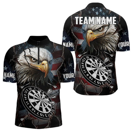 Personalized Eagle American flag Dart Polo, Quarter Zip Shirt for Men Custom Patriotic Darts Jersey NQS9521