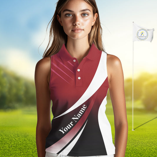 Women Sleeveless Polo Shirt custom name red and white golf shirt, tournament golf tops for ladies NQS10259