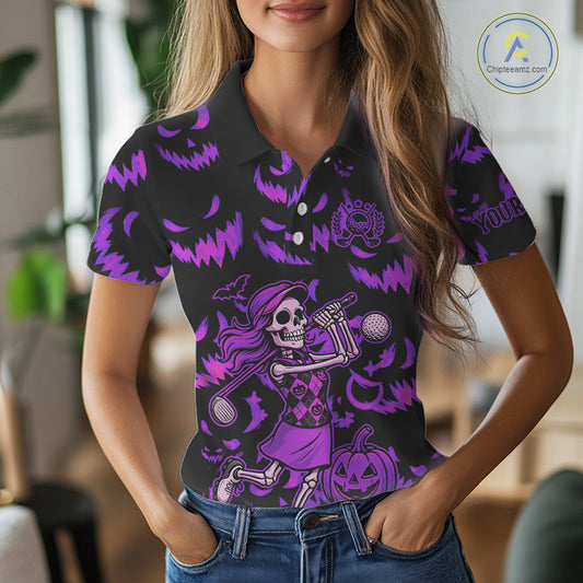 Purple and Black Halloween Pattern Funny Skull Golf polo shirt for Women Custom Halloween golf top NQS10663