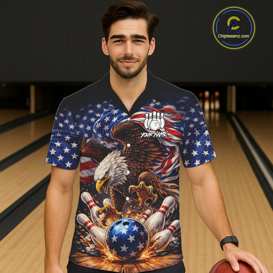 American Flag Flame Eagle Bowling Hawaiian Shirt Custom Patriotic Bowling Team Jersey NQS11748
