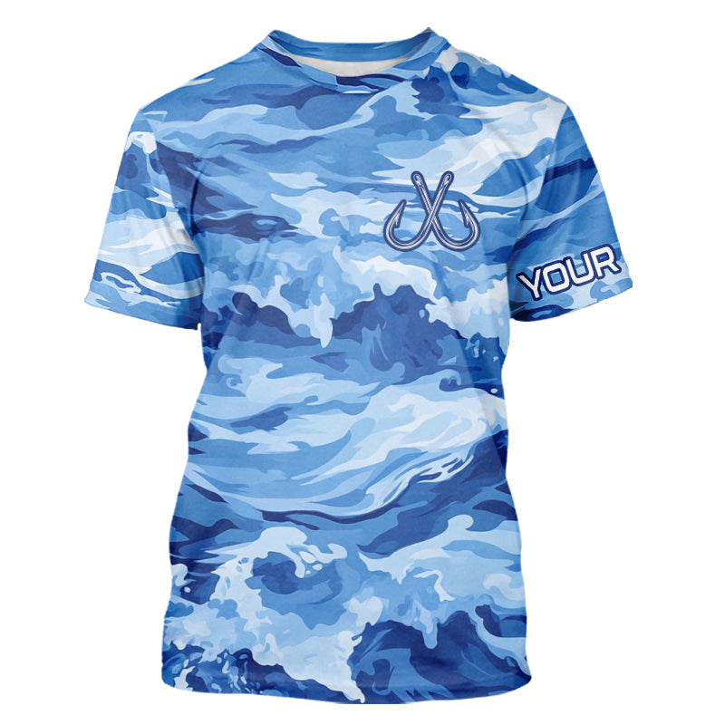 Blue Sea Wave Camo Fish hook custom name long sleeve fishing shirt, camo fishing jerseys NQS9220