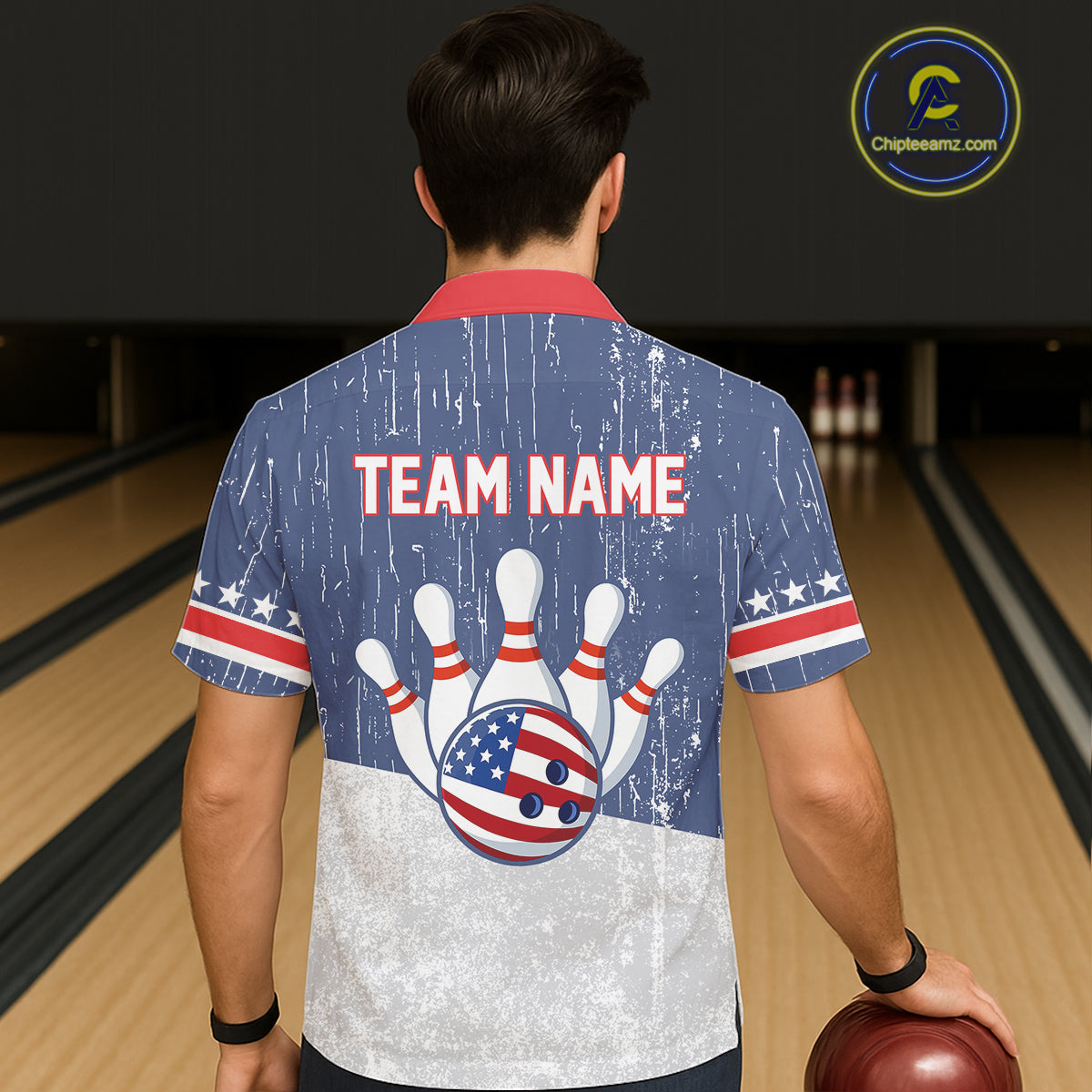 Red, White and Blue Grunge American Flag Bowling Hawaiian Shirt Custom Patriotic Team Bowling jersey NQS11345