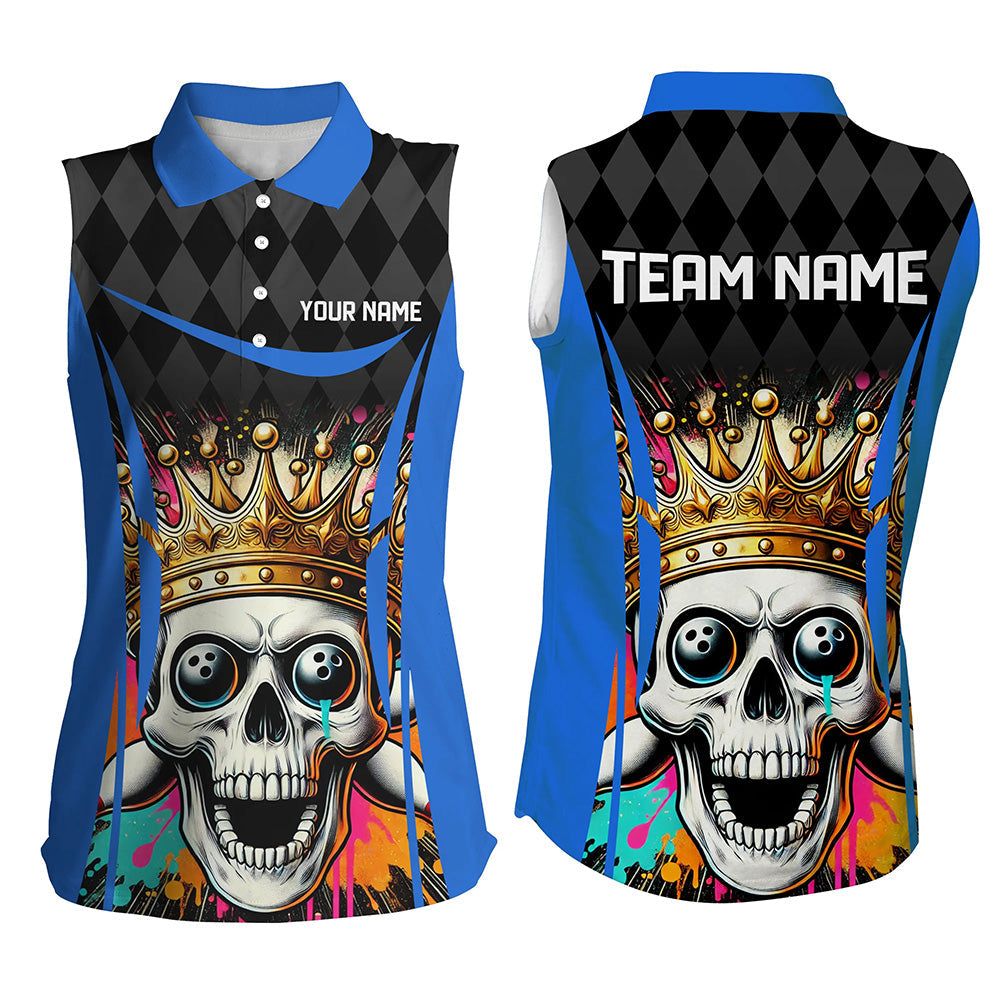 Black argyle pattern colorful Skull Custom Bowling Sleeveless Polo Shirt Personalized Bowling Jerseys NQS8380