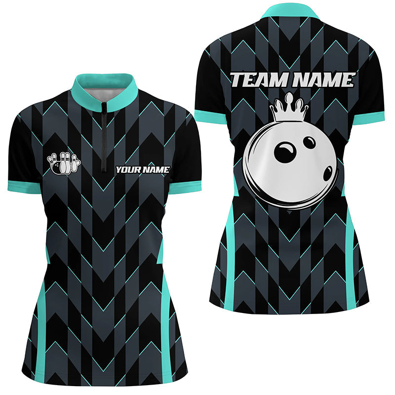 Bowling Polo, Quarter zip shirt for women custom camo bowling Team jersey, gift for bowler | Turquoise NQS8201