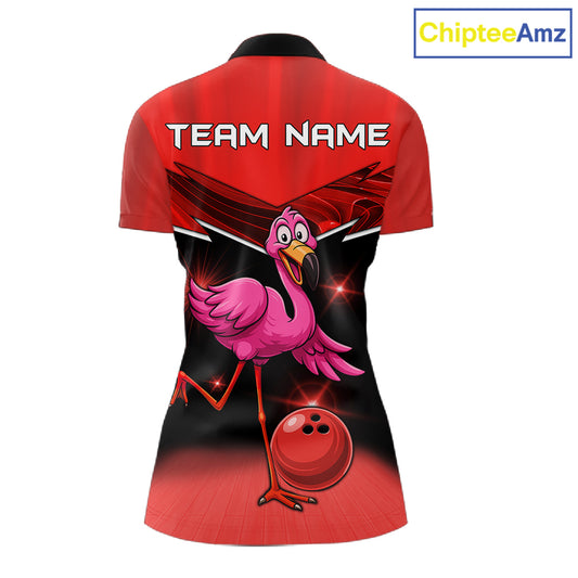 Funny Pink Flamingo Bowling Polo, 1/4 zip shirts for Women Custom Flamingo Team bowling outfit | Red NQS11654