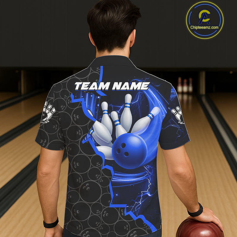 Black and Blue Camo Bowling Hawaiian Shirt Custom Bowling Team Jersey, Bowler Outfit NQS11750