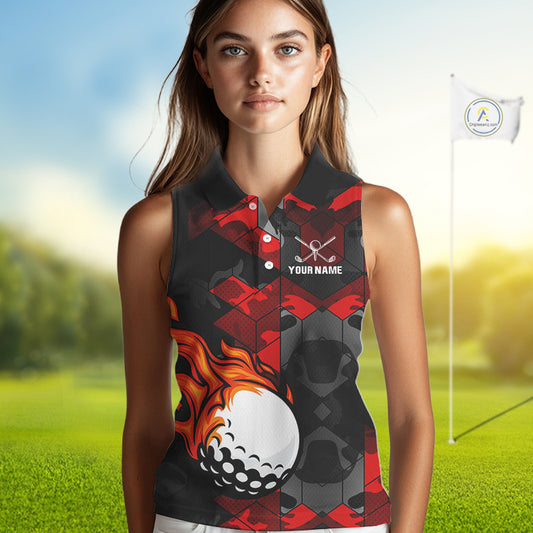 Black and Red Camo Flame Golf Ball Custom Womens Sleeveless polo shirts, golf top for ladies NQS10100
