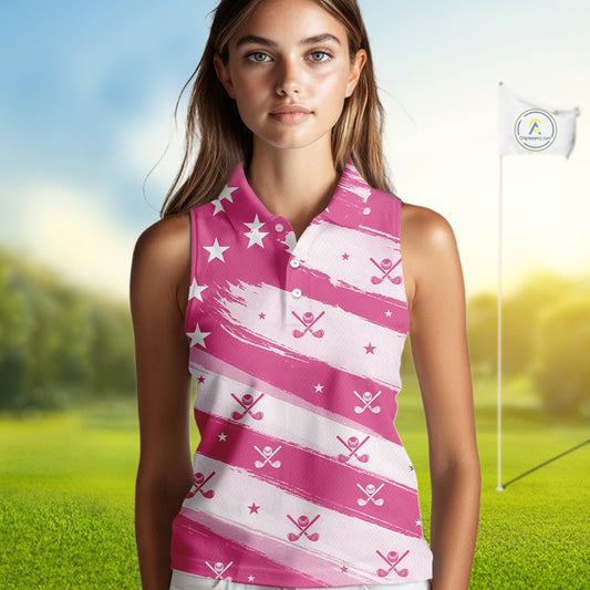 Pink American Flag Womens Sleeveless polo shirt, patriotic golf outfits ladies, cool golf gifts NQS10092