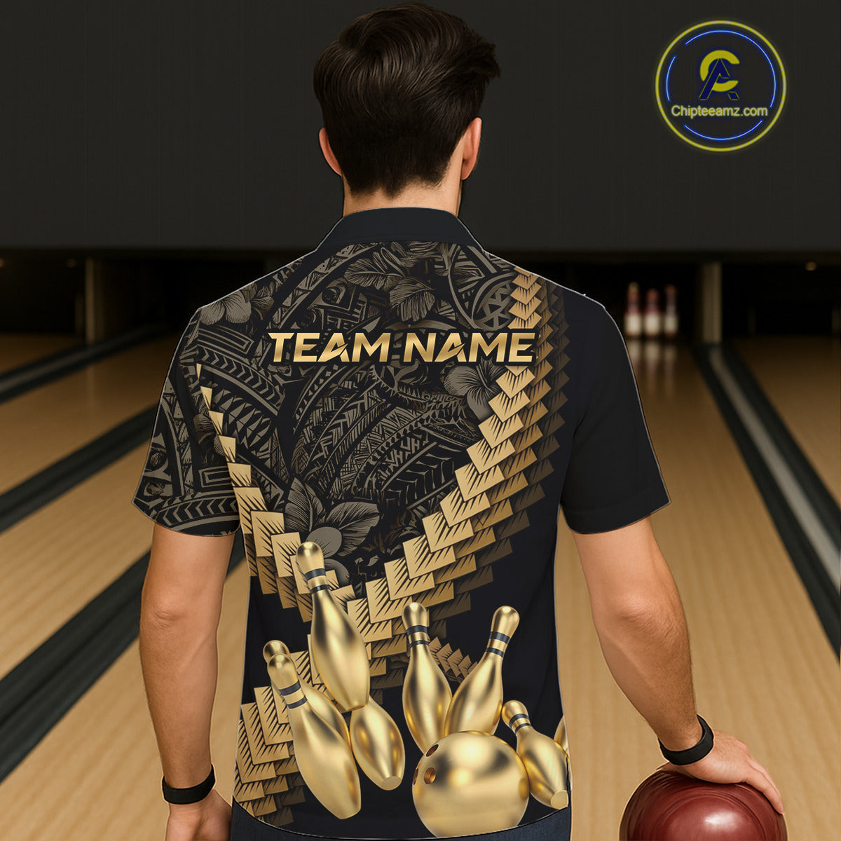 Custom Black and Gold tribal pattern Bowling Button-up Hawaiian Shirt, Team Bowling League jersey NQS11591