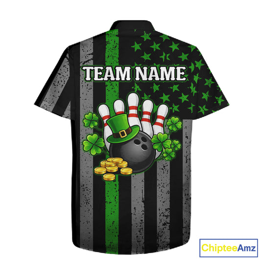 Custom Black Grunge US Flag Patriotic Bowling Button-up Shirt Green Shamrock St Patrick Team Jersey NQS11447