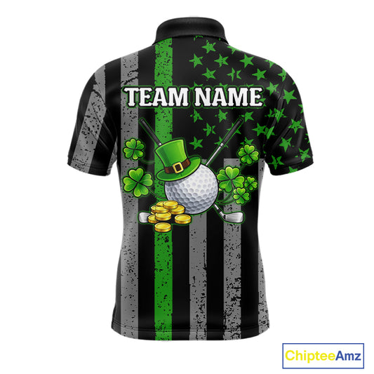 Custom Black Grunge US Flag Patriotic Golf Polo shirts for Men Green Shamrock St Patrick Team Jersey NQS11448