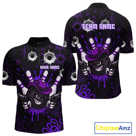 Funny Black and Purple Bowling Cowboy gun Men bowling polo, 1/4 zip shirts Custom bowling team jersey NQS10659