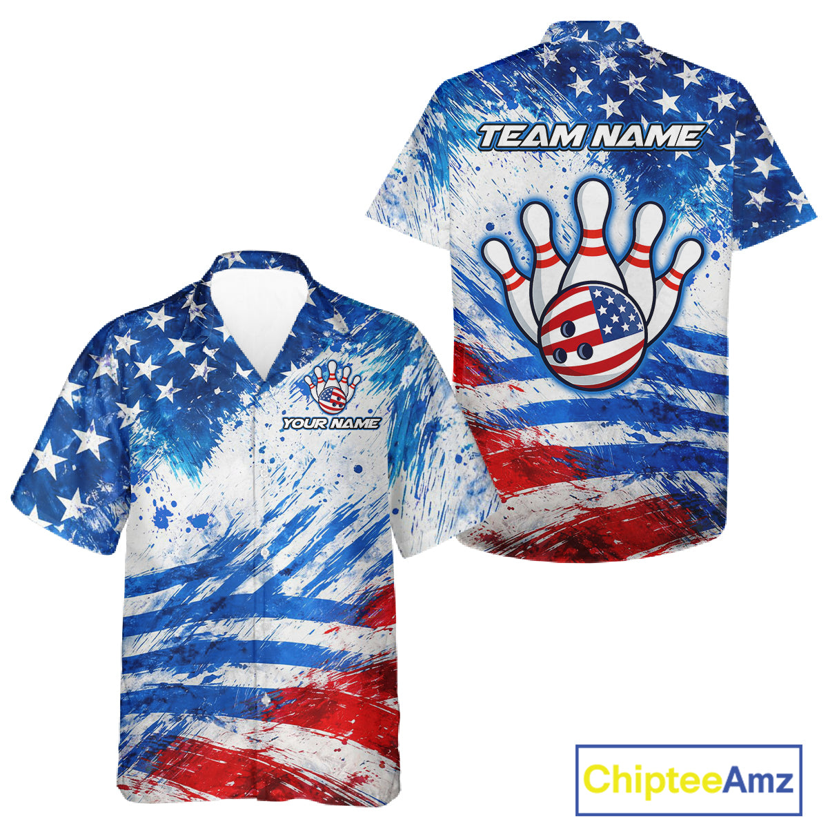 Red, White & Blue American Flag Bowling Hawaiian Shirt Custom patriotic Team Bowling Button-up shirt NQS11505