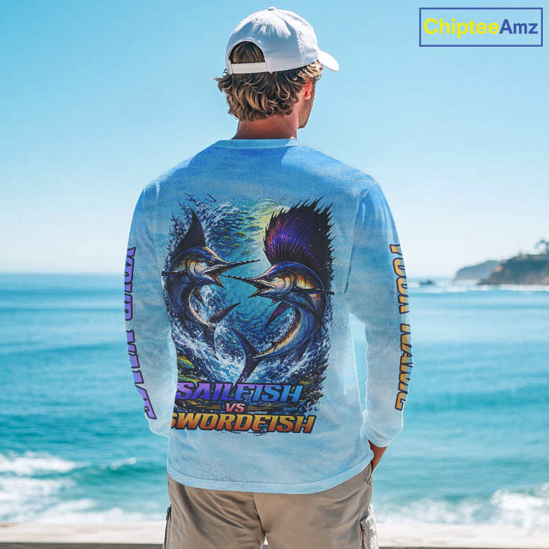 Personalized Sailfish Vs Swordfish Fishing Saltwater Long Sleeve Fishing Shirts NHT419