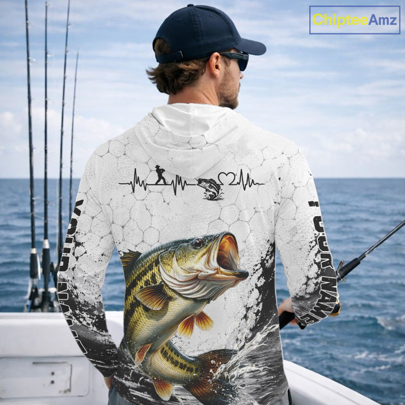 Custom Name Bass Fishing Long Sleeve Hooded Performance Shirt, Bass Gift For Men