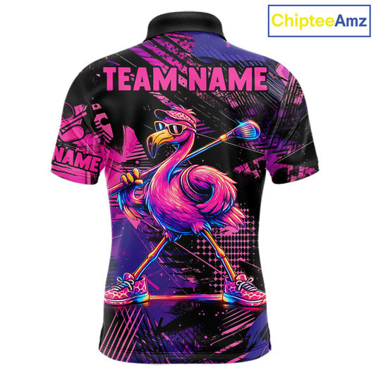 Funny Neon Flamingo Mens Golf Polo Shirt – Custom Personalized Golf Team Apparel