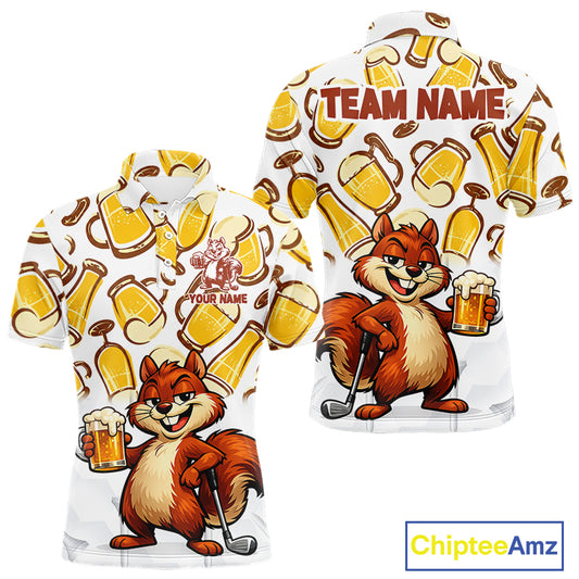 Custom Funny Squirrel Men's Golf Polo Shirts - Personalized Beer Lover Performance Jersey