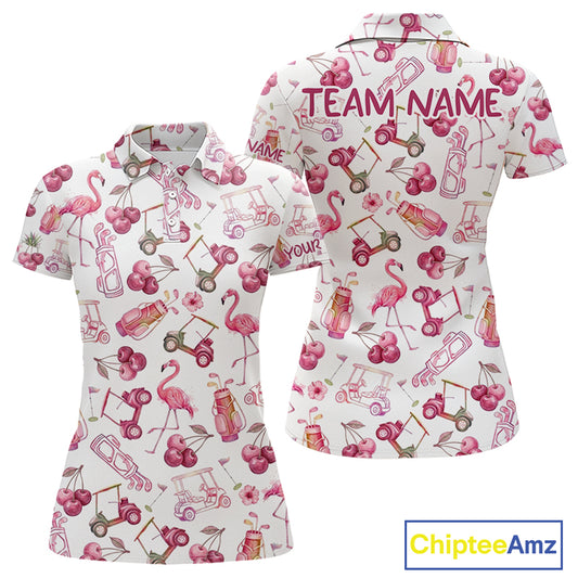 Funny Golf Polo Shirt For Womens Cherry Flamingo Golf Cart Pattern Summer Sport Top NHT841