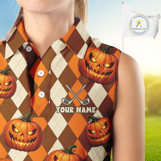A sleeveless collared golf shirt with a Halloween-themed argyle pattern featuring jack-o'-lanterns in orange, brown, and cream. The shirt has a custom print area with the text 'YOUR NAME' and crossed golf clubs, shown on a model with a blurred outdoor background.
