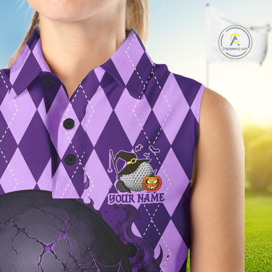 A sleeveless collared shirt with a purple and lavender argyle pattern, featuring a Halloween-themed graphic of a witch hat, golf ball, and jack-o'-lantern with customizable text 'YOUR NAME'.