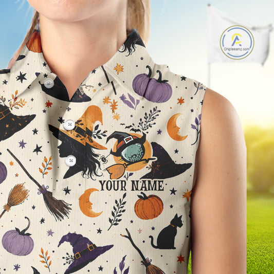 Vintage Witch Halloween Seamless Pattern Women Sleeveless Golf Polo, Spooky Cauldron Cat And Pumpkin Golf Top NHT1306