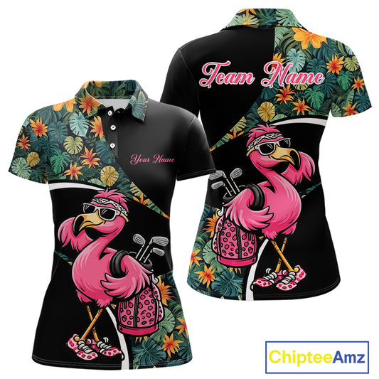 Funny Pink Flamingo Green Tropical Golf Polo Shirt For Womens, Custom Flamingo Golf Shirt For Team NHT656