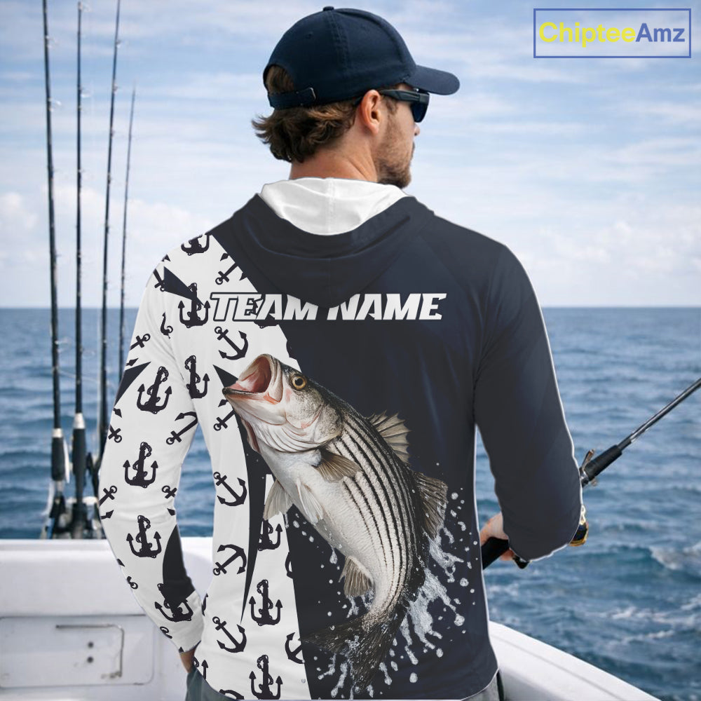 Personalized Striped Bass Hooded Fishing Shirts Long Sleeve With Pattern Anchor, Fishing Shirt Jersey NHT611
